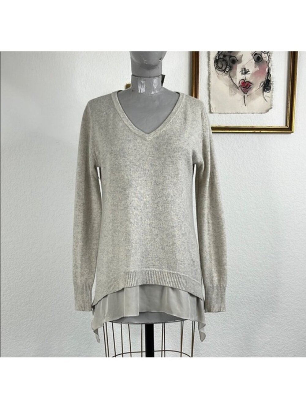 Ply Cashmere V Neck Chiffon Layer Long Sleeve Sweater